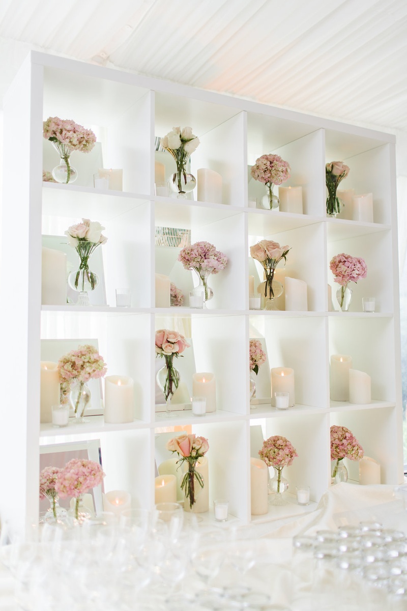 Reception Décor Photos - Candles & Pink Flowers at Bar - Inside Weddings