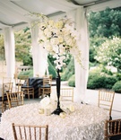 Textured Linens and Dramatic Centerpiece
Photography: Brianna Wilbur Photography
Read More:
http://www.insideweddings.com/weddings/modern-strolling-wedding-at-a-private-estate-in-pennsylvania/962/ textured, 3d linens at wedding reception, black stand centerpiece with florals