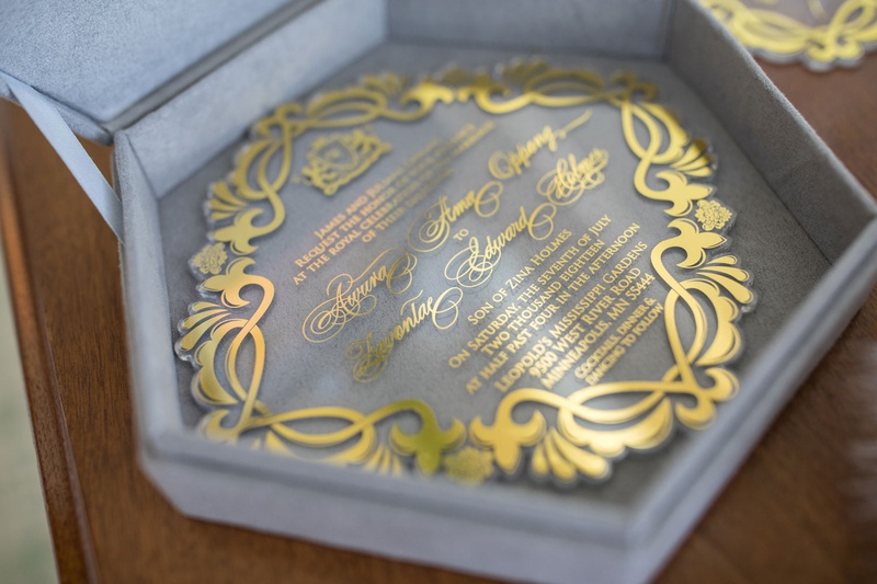 Luxurious Boxed Invitation
Photography: Brian Bossany Photography
Read More:
http://www.insideweddings.com/weddings/luxurious-heaven-inspired-royal-wedding-celebration-in-minneapolis/1333/ wedding invitation in velvet six sided hexagon box with gold invitation crystal lucite acrylic
