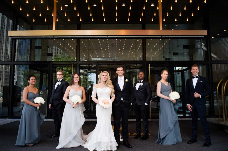 Elegant Chicago Wedding Party
Photography: Studio This Is
Read More:
http://www.insideweddings.com/weddings/glamorous-city-style-real-wedding-at-a-luxury-hotel-in-chicago/1217/ bridesmaids in mismatched dresses and groomsmen in tuxedos black bow ties groom white tie