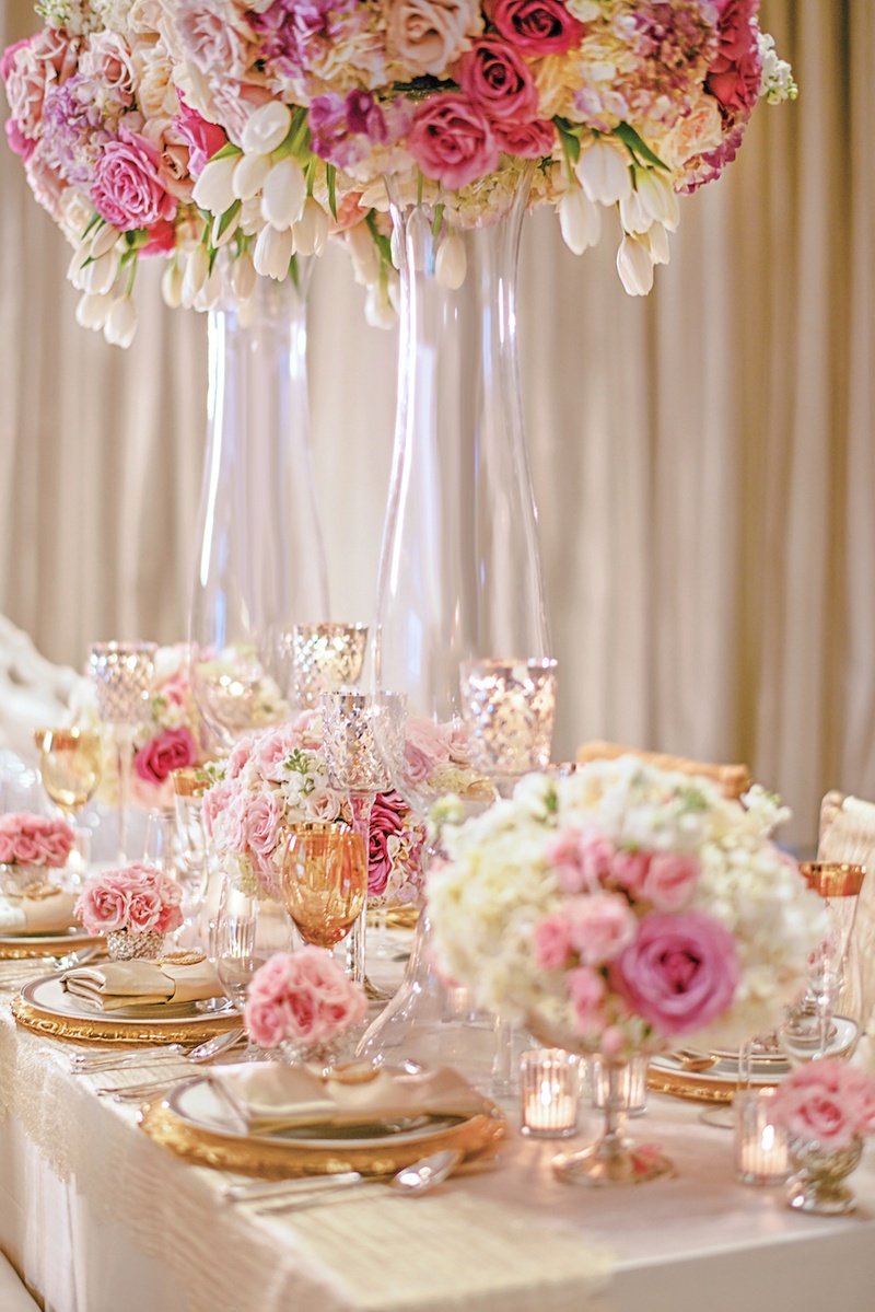 Reception Décor Photos Gold Pink And White Tablescape Inside Weddings