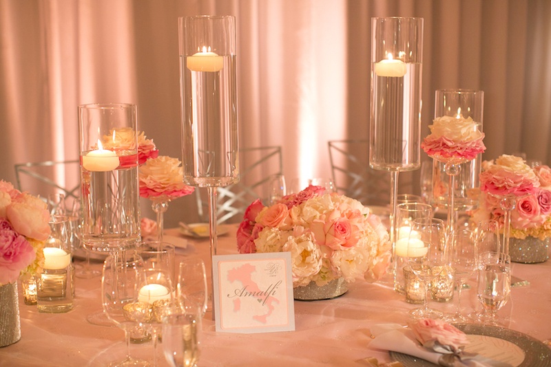 Cities in Italy Table Names
Photography: Marianne Lozano Photography
Read More:
http://www.insideweddings.com/weddings/pink-white-wedding-with-ombre-details-at-montage-laguna-beach/686/ Floating candles and rose and peony flowers at reception