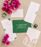 Colombian Destination Wedding Invite
Photography: Elizabeth Fogarty
Read More:
http://www.insideweddings.com/weddings/destination-wedding-with-lush-garden-inspired-details-in-colombia/1215/ wedding invitation green envelope white calligraphy pink Bougainvillea watercolor design palm prints