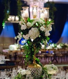 Lush, Golden Candelabra
Photography: Studio This Is
Read More:
http://www.insideweddings.com/weddings/whimsical-wedding-in-chicago-with-inspiration-from-national-parks/1272/ gold candelabrum wrapped with greenery and white flowerson crystal stand