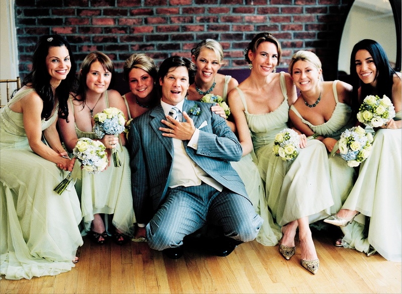 The Bridesmaids and Groom
Photography: ASI Photography
Read More:
http://www.insideweddings.com/weddings/gold-blue-green-new-york-city-summer-wedding/181/ Celadon bridesmaid gowns and flowers