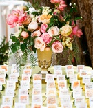 Bright Escort Card Table with Fruit
Photography: Braedon Photography
Read More:
http://www.insideweddings.com/weddings/colorful-wedding-featuring-a-punchy-peach-palette/1173/ wedding reception spring wedding outdoors yellow lemon green lime watercolor escort cards flowers