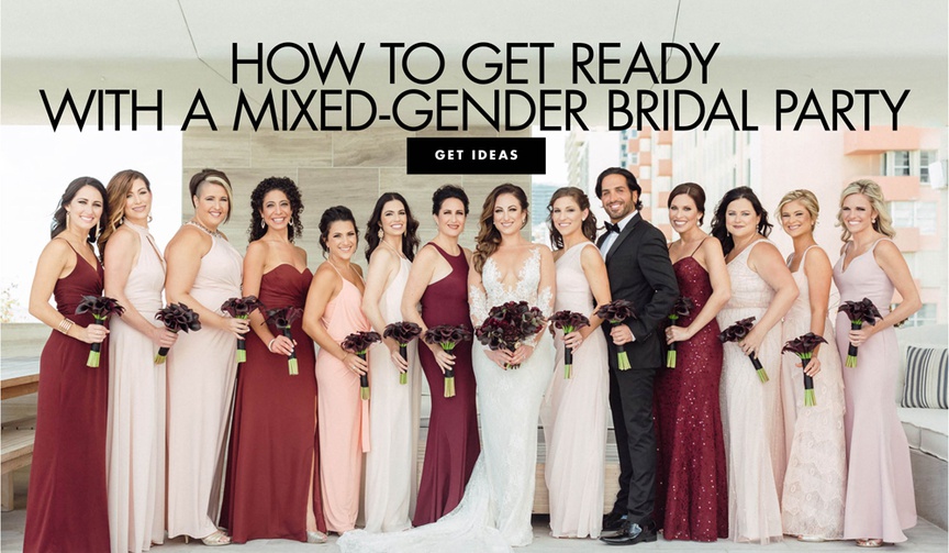 Your Guide to Getting Ready with a Coed Bridal Party
Article: Your Guide to Getting Ready with a Coed Bridal Party
Photography: Erika Delgado
Read More:
http://www.insideweddings.com/news/planning-design/your-guide-to-getting-ready-with-a-coed-bridal-party/4916/ bride with bridesmaids in crimson and blush dresses, bridesman in tux carrying bouquet