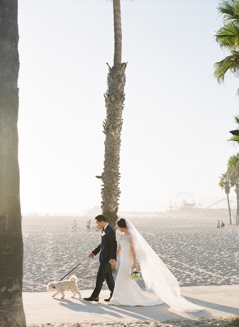 Bride %26 Groom Walking Dog in Santa Monica
Photography: Michelle Beller Photography
Read More:
http://www.insideweddings.com/weddings/classic-ceremony-beachfront-ballroom-reception-in-santa-monica/1234/ bride in pretty wedding dress sheer ceremony top veil groom with small dog walking on beach palms