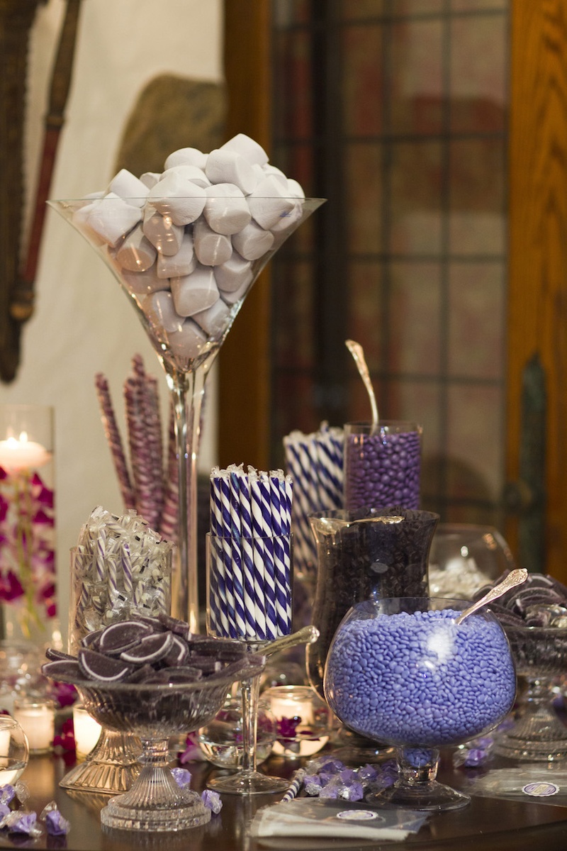 Candy Bar in Shades of Purple
Photography: Images by Berit, Inc.
Read More:
http://www.insideweddings.com/weddings/wedding-with-purple-modern-details-at-a-chateau-in-new-jersey/693/ Wedding reception with a candy bar offering different sweets in purple colors