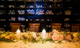 Pastoral Table Runner in Modern Wine Cellar
Photography: Images by Berit, Inc.
Read More:
http://www.insideweddings.com/weddings/bride-wears-little-black-dress-to-intimate-wedding-in-new-york-city/734/ Small wedding reception in the wine cellar of Del Pasto with pastel pink, orange dahlias, roses