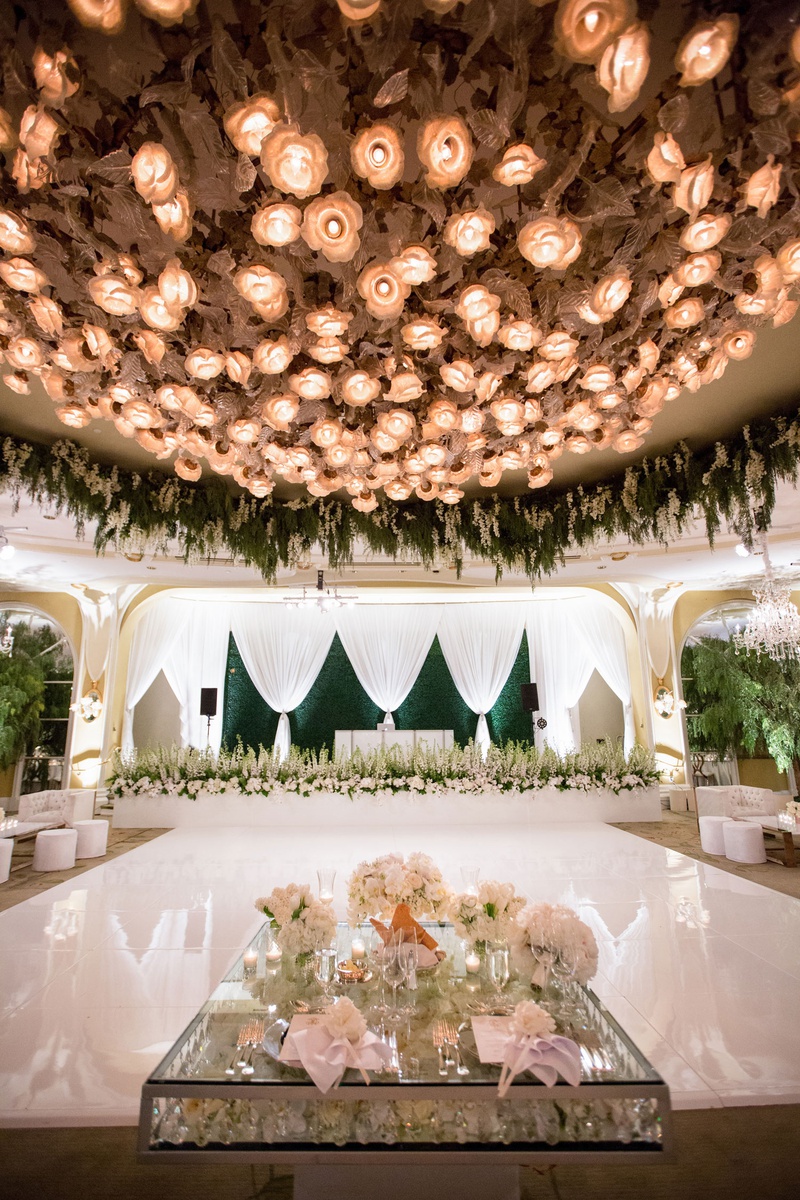 Sweetheart Table with View of Live Band
Photography: Duke Photography
Read More:
http://www.insideweddings.com/weddings/luxurious-alfresco-ceremony-ballroom-reception-in-beverly-hills/1161/ wedding reception white dance floor with sweetheart table crystal and flower decor live band stage