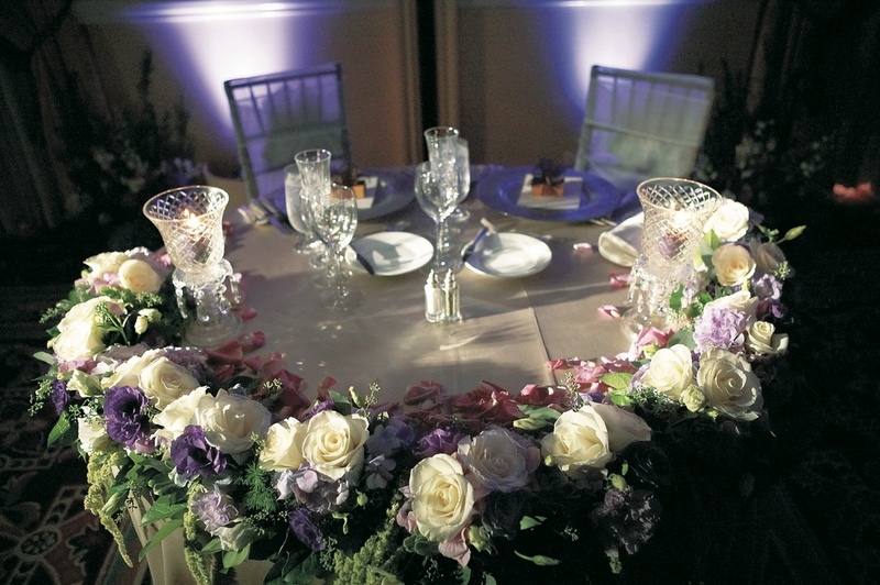 Ivory %26 Purple Sweetheart Table
Photography: Tony Florez Photography
Read More:
http://www.insideweddings.com/weddings/grand-ballroom-wedding-at-the-ritz-carlton-in-southern-california/97/ Bride and groom table with amaranthus, white roses, and lavender flowers and crystal