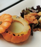 Pumpkin Soup Bowl
Photography: Artisan Events
Read More:
http://www.insideweddings.com/weddings/refined-casual-wedding-at-a-private-residence-in-illinois/206/ Potato and leek soup in miniature pumpkin bowl