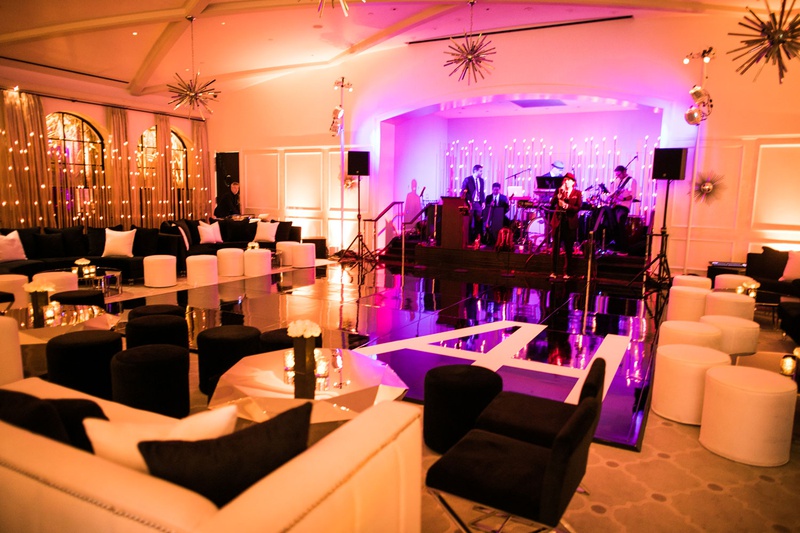 Live Band for Dancing After Dinner
Photography: Samuel Lippke Studios
Read More:
http://www.insideweddings.com/weddings/tuscany-meets-rustic-california-outdoor-wedding-under-the-stars/1336/ wedding reception ballroom for dancing purple pink lighting monogram dance floor black white lounge