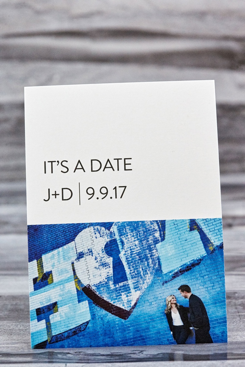 Save the Date with Modern Photo
Photography: KingenSmith
Read More:
http://www.insideweddings.com/weddings/modern-romantic-wedding-with-glam-geometric-details-in-chicago/1171/ Modern invitation save the date card it's a date initials wedding date engagement photo blue