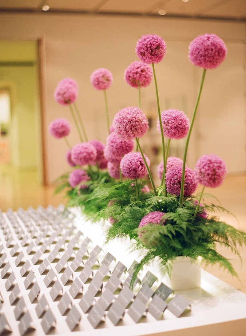 Allium Flowers with Ferns
Photography: Eric Kelley
Read More:
http://www.insideweddings.com/weddings/summer-wedding-with-clean-color-palette-modern-design-in-chicago/776/ pink allium flowers in planter with ferns in front at modern museum escort card table