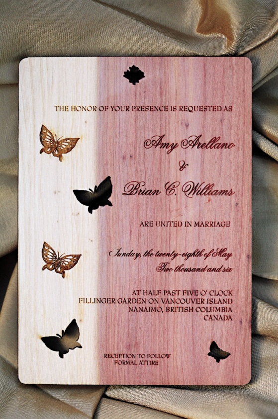 Invitation
Photography: Chris + Lynn Photographers
Read More:
http://www.insideweddings.com/weddings/butterfly-inspired-spring-wedding-in-canada/189/ Wedding invitation made of cedar wood and decorated with butterflies