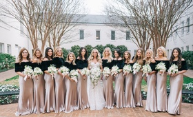 Bridesmaids with Black Fur Stoles
Photography: Harwell Photography
Read More:
http://www.insideweddings.com/weddings/traditional-church-ceremony-luxury-ballroom-reception-in-atlanta/1096/ Wedding party lots of bridesmaids satin dresses with black off shoulder fur stoles winter wedding