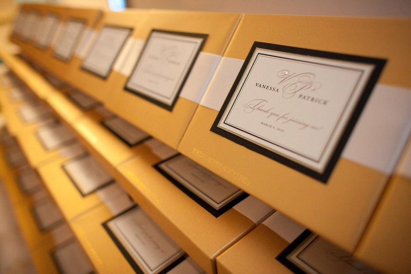 Favors
Photography: Josh Lynn Photography
Read More:
http://www.insideweddings.com/weddings/purple-white-gold-new-jersey-celebration/339/ Wedding favors of personalized Godiva chocolate boxes