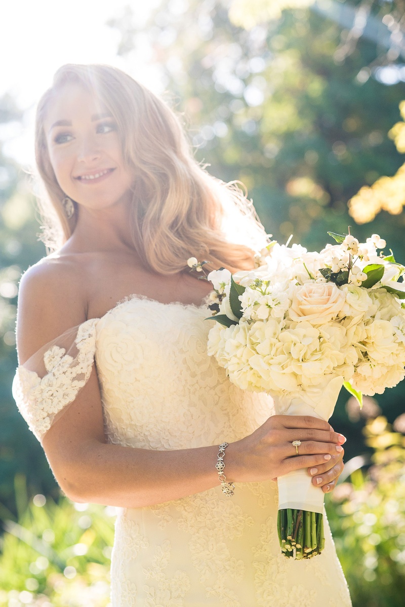 Off-Shoulder Gown in Lace
Photography: Robert Evans for 5th Avenue Digital
Read More:
http://www.insideweddings.com/weddings/outdoor-jewish-wedding-ceremony-at-stunning-chateau-in-new-jersey/1058/ Bride holding white bouquet rose hydrangea greenery off shoulder lace wedding dress anne barge