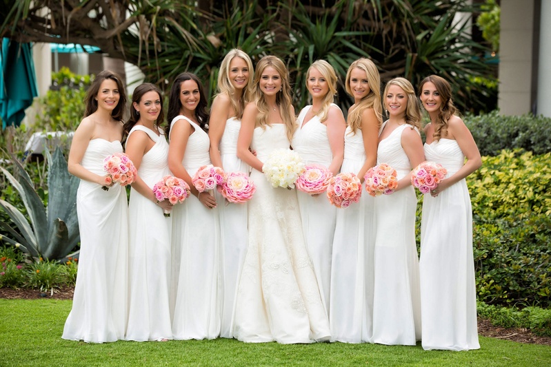 Bridesmaids in Long White Dresses
Photography: Muñoz Photography
Read More:
http://www.insideweddings.com/weddings/colorful-jewish-ceremony-ballroom-reception-at-the-breakers/818/ bride in strapless vera wang wedding dress bridesmaids in long mismatched white monique lhuillier