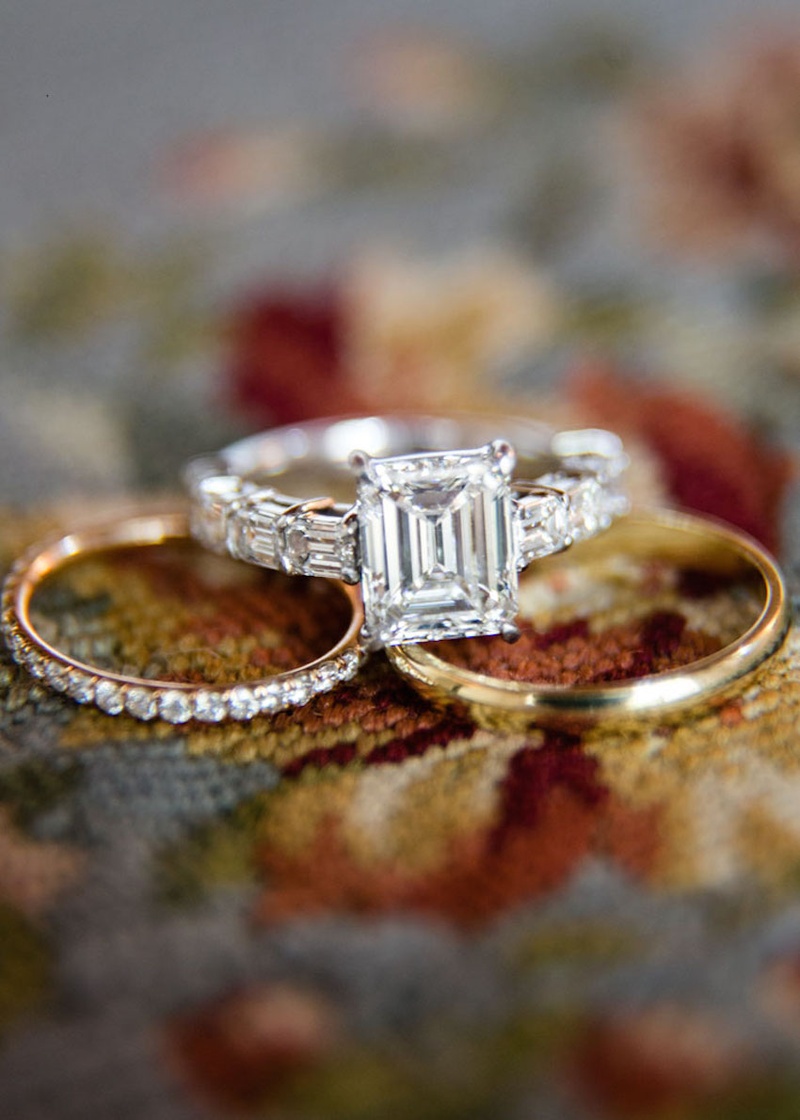 Jewelry Photos EmeraldCut Engagement Ring with Gold Bands Inside