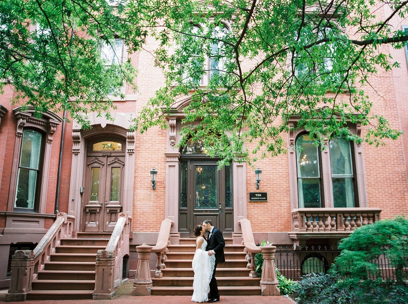 Portrait in Front of Brownstone Buildings
Photography: Branco Prata
Read More:
http://www.insideweddings.com/weddings/chic-destination-wedding-with-california-style-in-washington-dc/1042/ Bride in wedding dress from The White Dress kissing groom in front of brownstone building DC