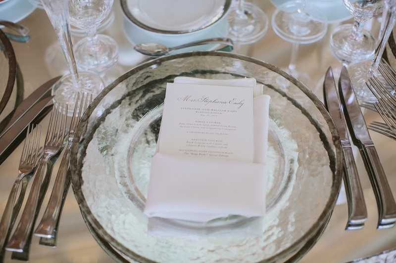 Clear Charger Plates
Photography: David %26 Tammy Molnar
Read More:
http://www.insideweddings.com/weddings/an-exquisite-backyard-wedding-in-tennessee/532/ Silver-rimmed plate with white menu card