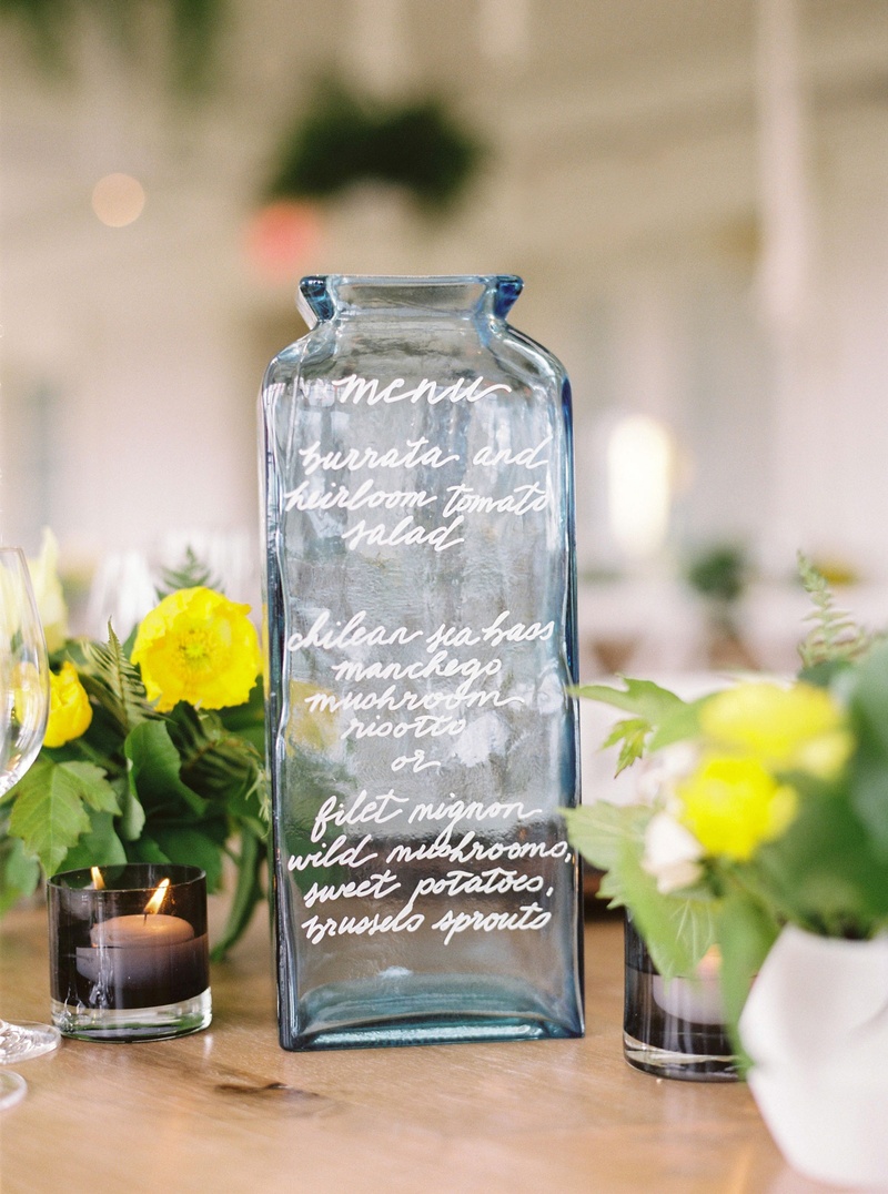 Calligraphy Menu on Blue Vase
Photography: Branco Prata
Read More:
http://www.insideweddings.com/weddings/chic-destination-wedding-with-california-style-in-washington-dc/1042/ Wedding reception alternative menu idea blue vase vessel bottle calligraphy selections