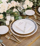 Hammered Glass Charger with Gold Rim
Photography: Hugh Forte
Read More:
http://www.insideweddings.com/weddings/gorgeous-alfresco-wedding-with-stunning-mountain-views-in-malibu/966/ hammered glass charger with gold rim, wooden farm table, floral runner