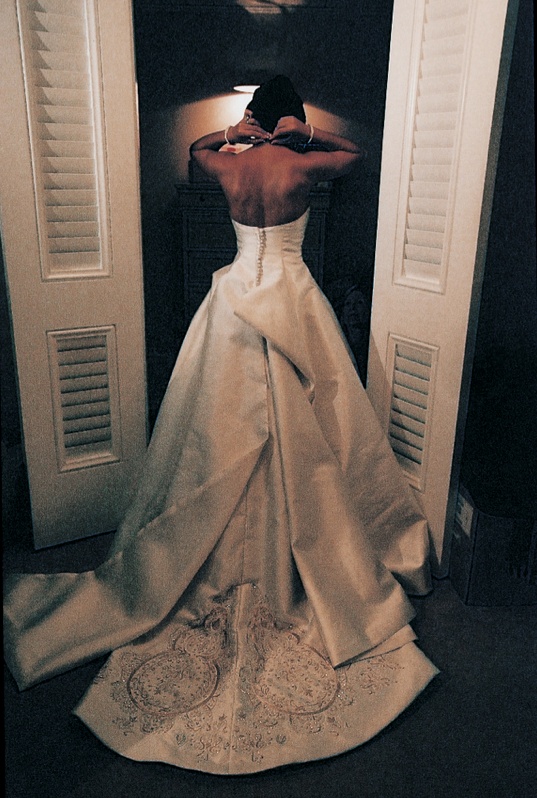 Embroidered Bridal Gown
Photography: Joe Buissink Photography
Read More:
http://www.insideweddings.com/weddings/multicultural-wedding-in-beverly-hills-california/47/ Back of bride's satin wedding dress with gold details