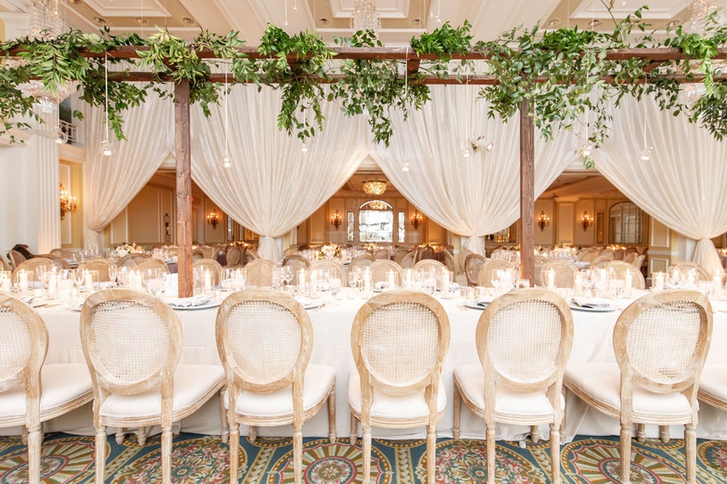 Garden Wedding Décor in Ballroom
Photography: Mantas Kubilinskas Photography
Read More:
http://www.insideweddings.com/weddings/sophisticated-ceremony-ballroom-reception-in-washington-dc/1296/ wedding reception long table wood cane chairs and arbor overhead drapery greenery french garden