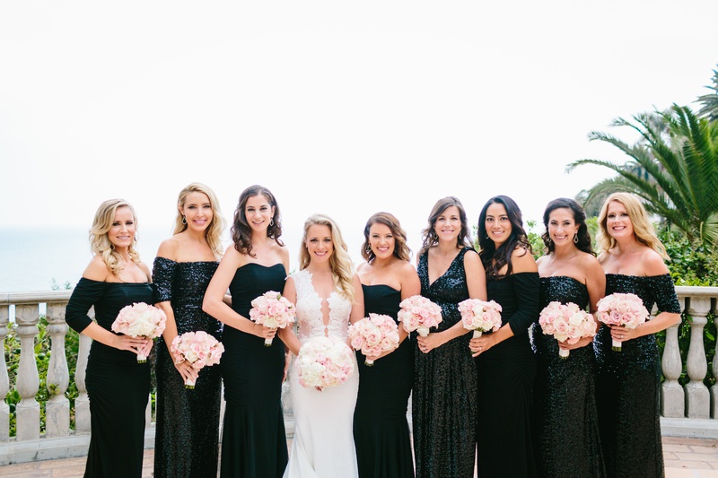 Bridesmaids in Mismatched Black Gowns
Photography: Jodee Debes Photography
Read More:
http://www.insideweddings.com/weddings/elegant-alfresco-ceremony-reception-with-parisian-elements/1176/ bride in fitted ines di santo gown, bridesmaids in black badgley mischka dresses, mismatched