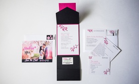 Pink and Black Invitations
Photography: D. Park Photography
Read More:
http://www.insideweddings.com/weddings/a-black-white-pink-wedding-in-august-inspired-by-cherry-blossoms/617/ Photo save the date and pink cherry blossom wedding invite