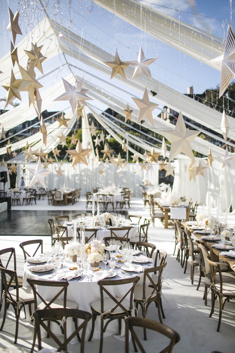 Open-Air Reception Tent
Photography: Samuel Lippke Studios
Read More:
http://www.insideweddings.com/weddings/elegant-summer-beach-wedding-in-southern-california/537/ Gold paper stars suspended from ceiling over tables