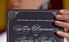 Black Invitation with White Text
Photography: Lindsay Muciy Photography
Read More:
http://www.insideweddings.com/weddings/vibrant-florals-dramatic-details-at-montreal-wedding/918/ ceci new york invitations, black paper white ink, frilly cursive for names
