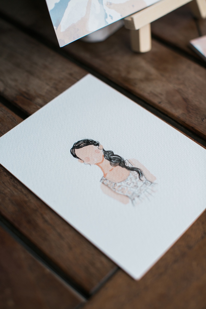 Watercolor Portrait of Bride
Photography: Jessica Claire Photography
Read More:
http://www.insideweddings.com/weddings/unique-chic-bridal-shower-with-dark-and-moody-color-scheme/1335/ small watercolor portrait of bride at bridal shower, watercolor portrait bridal shower activity