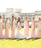 Pink Bridesmaid Dresses
Photography: Studio EMP
Read More:
http://www.insideweddings.com/weddings/oceanfront-santa-barbara-wedding-with-romantic-color-palette/463/ Bride and flower girl with asymmetrical bridesmaid dresses