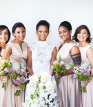 Bridesmaids with Lavender Bouquets
Photography: Callaway Gable
Read More:
http://www.insideweddings.com/weddings/modern-in-the-round-ceremony-whimsical-garden-inspired-reception/1155/ Bride in high neck lace wedding dress bridesmaids in champagne pink v neck bateau dresses purple