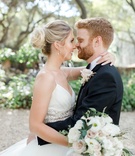 Bride and Groom Look Into Each Other's Eyes
Photography: Jenny Quicksall Photography
Read More:
http://www.insideweddings.com/weddings/romantic-rustic-wedding-in-malibu-with-jewish-english-traditions/1092/ bride in lazaro wedding dress with arm warpped around groom in tuxedo