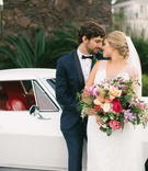 San Diego Bride %26 Groom with Classic Car
Photography: Bryan Miller Photography
Read More:
http://www.insideweddings.com/weddings/church-ceremony-tropical-outdoor-reception-in-san-diego/1192/ Bride with pretty braided hairstyle groom bow tie tropical bouquet rose orchid greenery classic car