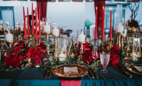 Navy Linens and Red Tapered Candles
Photography: Jennifer Martin Photography
Read More:
http://www.insideweddings.com/weddings/a-pro-tennis-players-fall-wedding-featuring-a-moody-color-palette/997/ wedding reception navy linens, red tapered candles, scarlet peonies