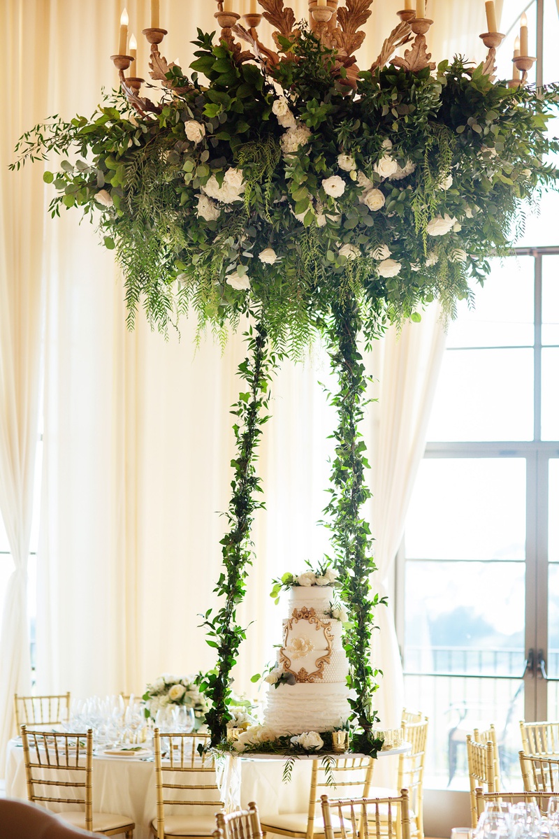 Cake on Suspended Table
Photography: Chard Photo
Read More:
http://www.insideweddings.com/weddings/alfresco-ceremony-on-the-coast-classic-ballroom-reception/1290/ wedding cake on suspended table from floral chandelier