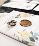 Flower Print Invitation %26 Wedding Rings
Photography: Carasco Photography
Read More:
http://www.insideweddings.com/weddings/rustic-chic-wedding-with-personalized-modern-details-in-chicago/1366/ oval engagement ring two tone men's band wax seal flower print belly band envelope liner