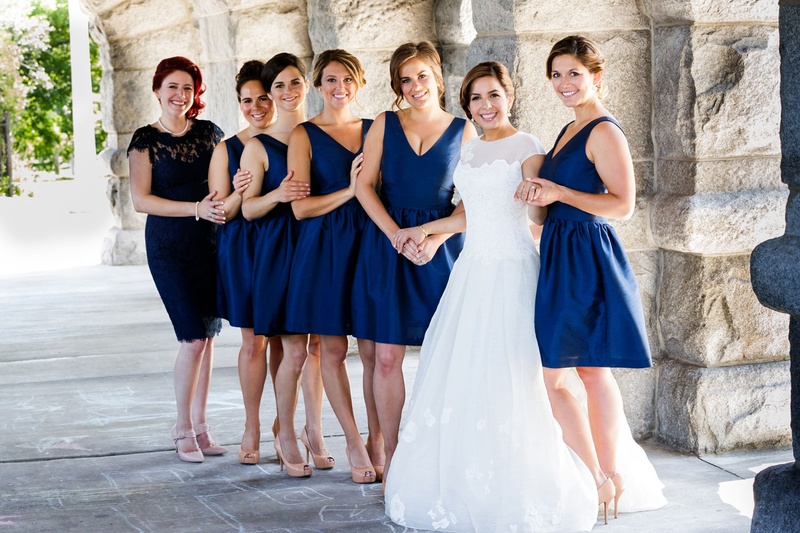 Bridesmaids in Short Navy Dresses
Photography: Bob %26 Dawn Davis Photography
Read More:
http://www.insideweddings.com/weddings/church-ceremony-colorful-tented-reception-at-a-private-residence/1025/ Bride in a line gown with bridesmaids in short v neck cocktail dresses hair updo