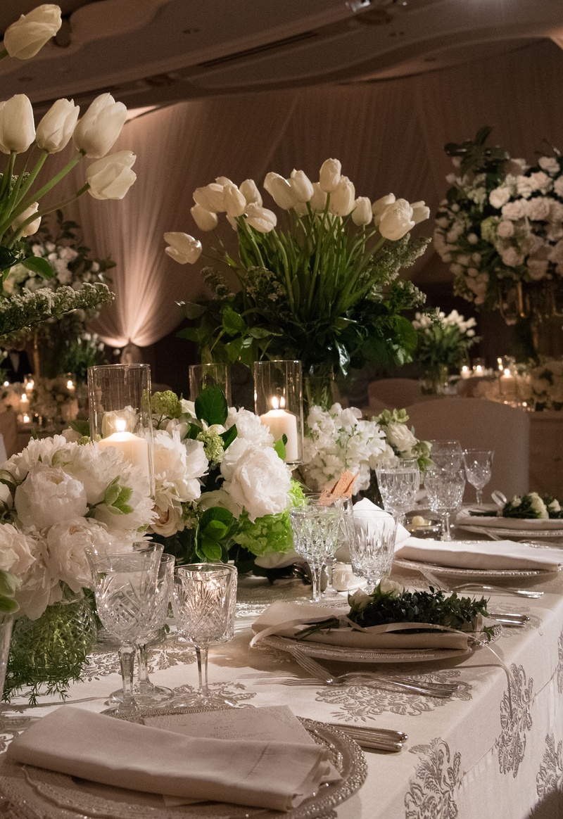 Printed Linens %26 Various Ivory Blooms
Photography: John Solano Photography
Read More:
http://www.insideweddings.com/weddings/an-opulent-garden-ceremony-ballroom-reception-in-beverly-hills/986/ Wedding reception printed table linen crystal glassware white flowers candles tulip peony rose