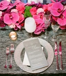 Silver Charger Plate with Grey Menu
Photography: Heather Waraksa
Read More:
http://www.insideweddings.com/weddings/summer-wedding-with-vibrant-color-palette-in-brooklyn-new-york/738/ Grey reception table linen with silver charger plate, pink orchid centerpiece, white wine goblet