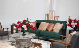 Derby Lounge Area
Photography: Collin Pierson Photography
Read More:
http://www.insideweddings.com/weddings/equestrian-themed-bridal-shower-inspired-by-the-kentucky-derby/1326/ kentucky derby themed bridal shower, emerald couch, leather pillow, cow skin rug, red and pink roses