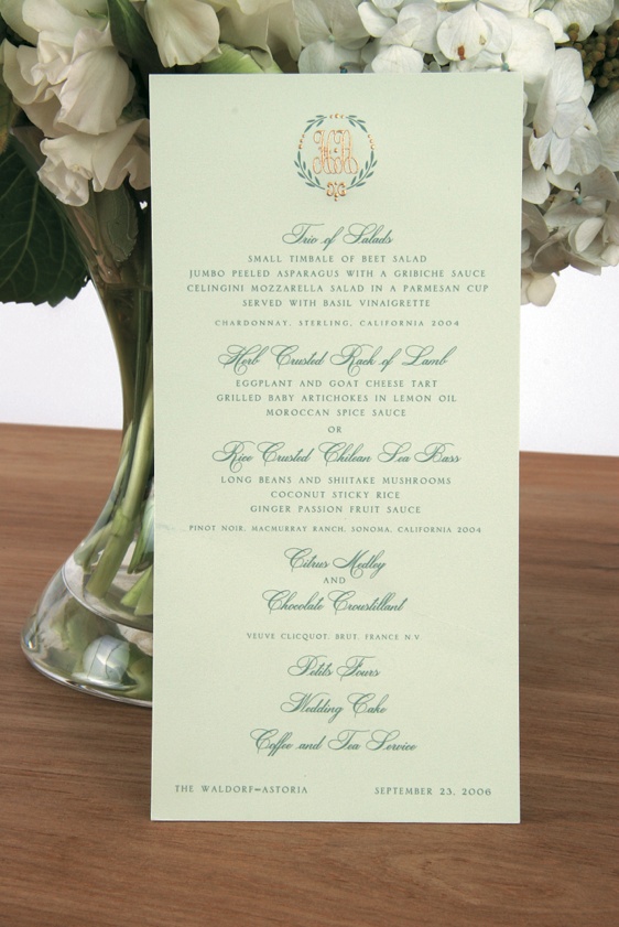Monogrammed Menu Card
Photography: Gruber Photographers
Read More:
http://www.insideweddings.com/weddings/english-garden-inspired-fall-wedding-in-new-york-city/210/ Celadon green menu stationery with motif