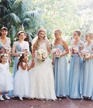 Bridesmaids in Blue %26 Flower Girls
Photography: Patrick Moyer
Read More:
http://www.insideweddings.com/weddings/vintage-inspired-alfresco-ceremony-fairy-tale-ballroom-reception/1030/ Bride in Eve of Milady with bridesmaids in blue dresses mismatched two flower girls in white